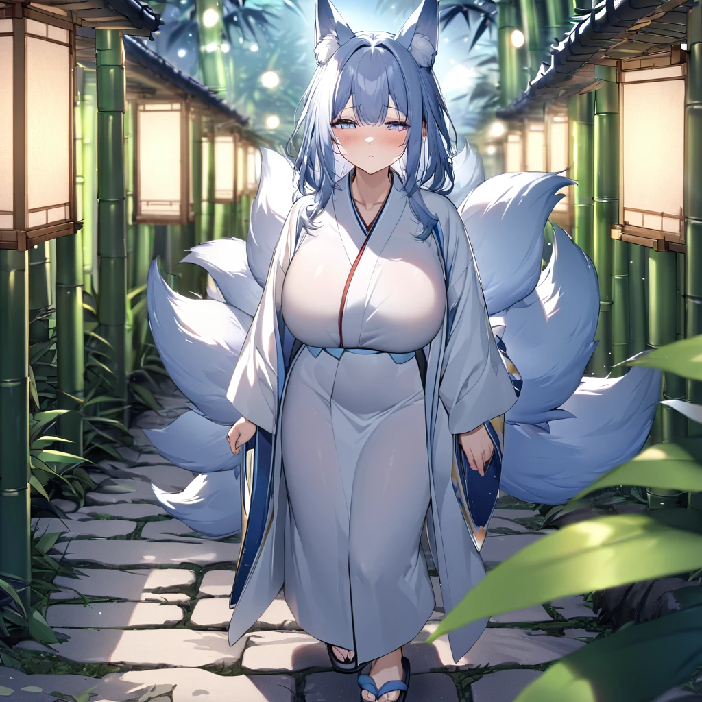 A woman wearing a white kimono with bamboo wishes on the kimono, long-sleeved kimono, faint blue hair, faint blue eyes, sleepy face, kitsune ear, kitsune tail, multi tail, traditional Japanese slippers, large breasts, walking in a traditional stone sidewalk, with bamboo trees around, bamboo in the background, illuminated place, shimen shinto around.,.UHD , prime work , accurate , anatomically correct , textured skin , super details , high quality , best quality, 8k, high resolution, bokeh effect. (woman solo)

