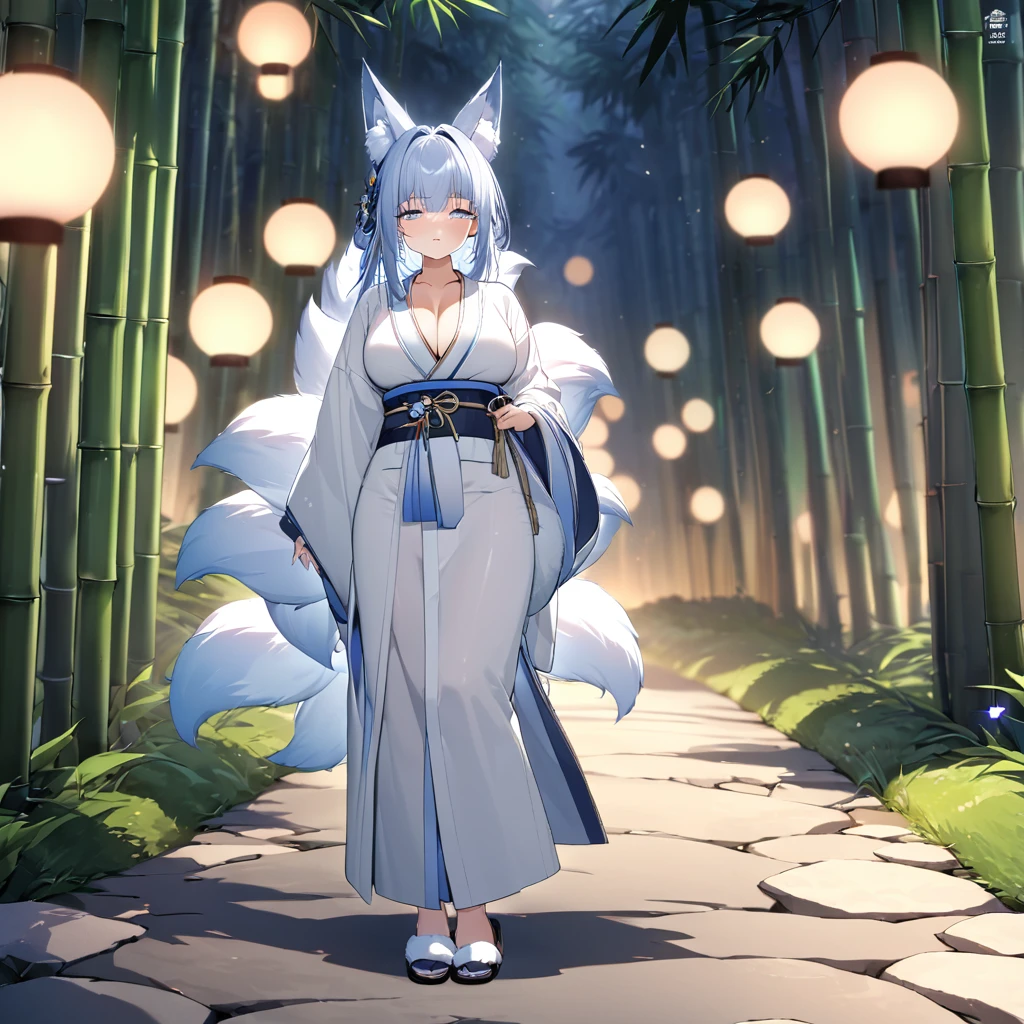 A woman wearing a white kimono with bamboo wishes on the kimono, long-sleeved kimono, faint blue hair, faint blue eyes, sleepy face, kitsune ear, kitsune tail, multi tail, traditional Japanese slippers, large breasts, walking in a traditional stone sidewalk, with bamboo trees around, bamboo in the background, illuminated place, shimen shinto around.,.UHD , prime work , accurate , anatomically correct , textured skin , super details , high quality , best quality, 8k, high resolution, bokeh effect. (woman solo)

