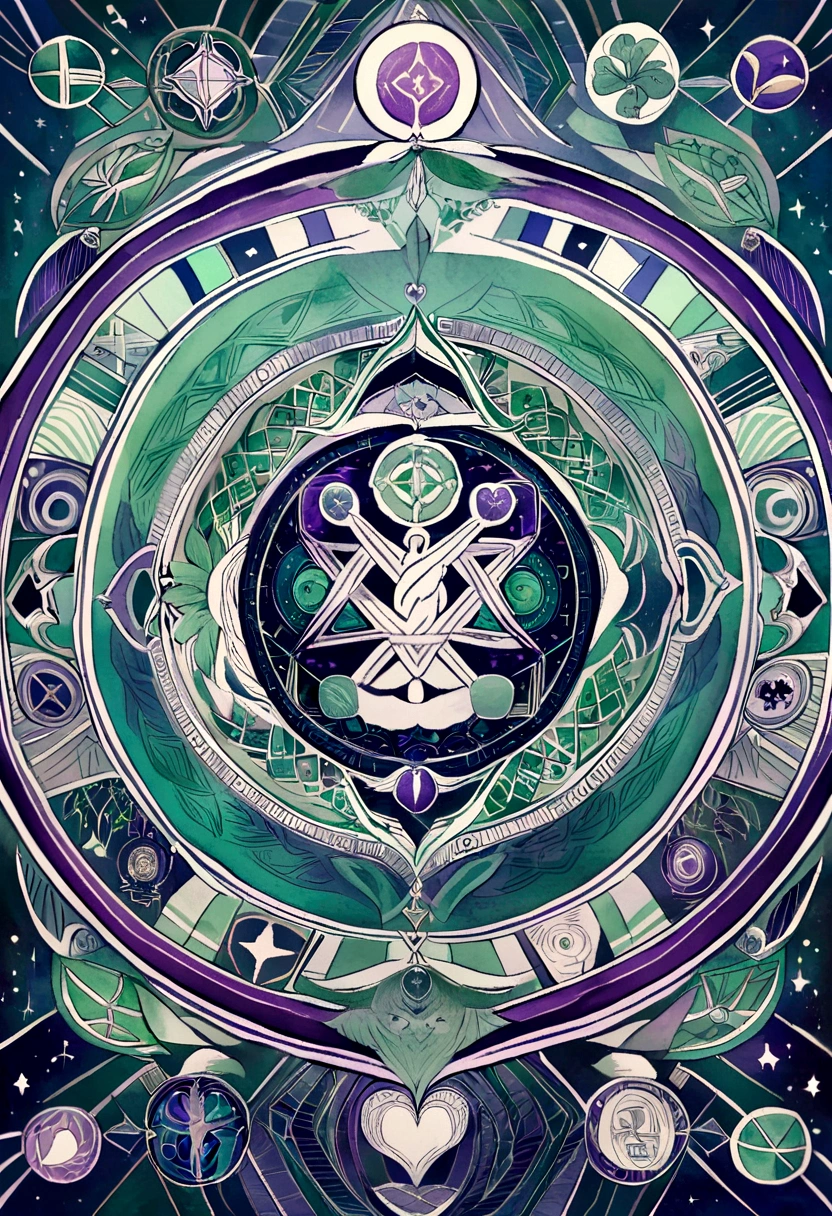 Create a mandala tattoo incorporating various healing symbols like the caduceus, the Om sign, and hearts. The mandala should have intricate, symmetrical patterns, with each quadrant representing different aspects of healing and balance. Use fine line work and a harmonious color palette of blues, greens, and purples.