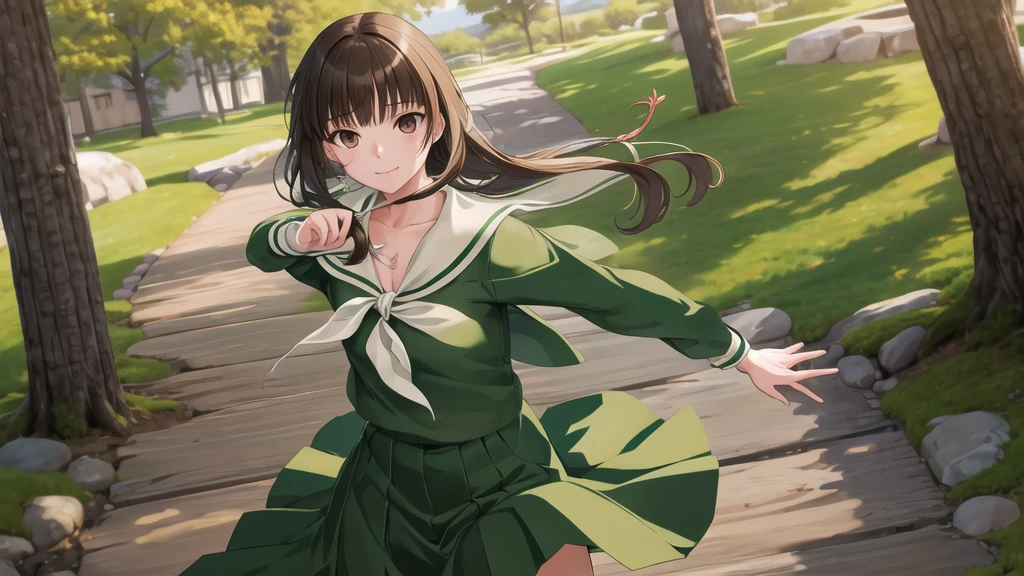 masterpiece, Highest quality, High resolution, aayoshino, , Long Hair, Twin Blade, Brown eyes, Hair that falls over the shoulders, , Sailor collar, neckerchief, Green Shirt, One piece sailor shirt, Long sleeve, Green Skirt, Long skirt, Are standing, Cowboy Shot, Outdoor, Person on the right, radiant face