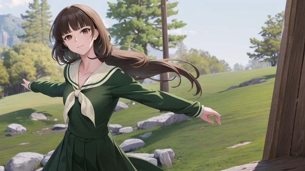 masterpiece, Highest quality, High resolution, aayoshino, , Long Hair, Twin Blade, Brown eyes, Hair that falls over the shoulders, , Sailor collar, neckerchief, Green Shirt, One piece sailor shirt, Long sleeve, Green Skirt, Long skirt, Are standing, Cowboy Shot, Outdoor, Person on the right, radiant face