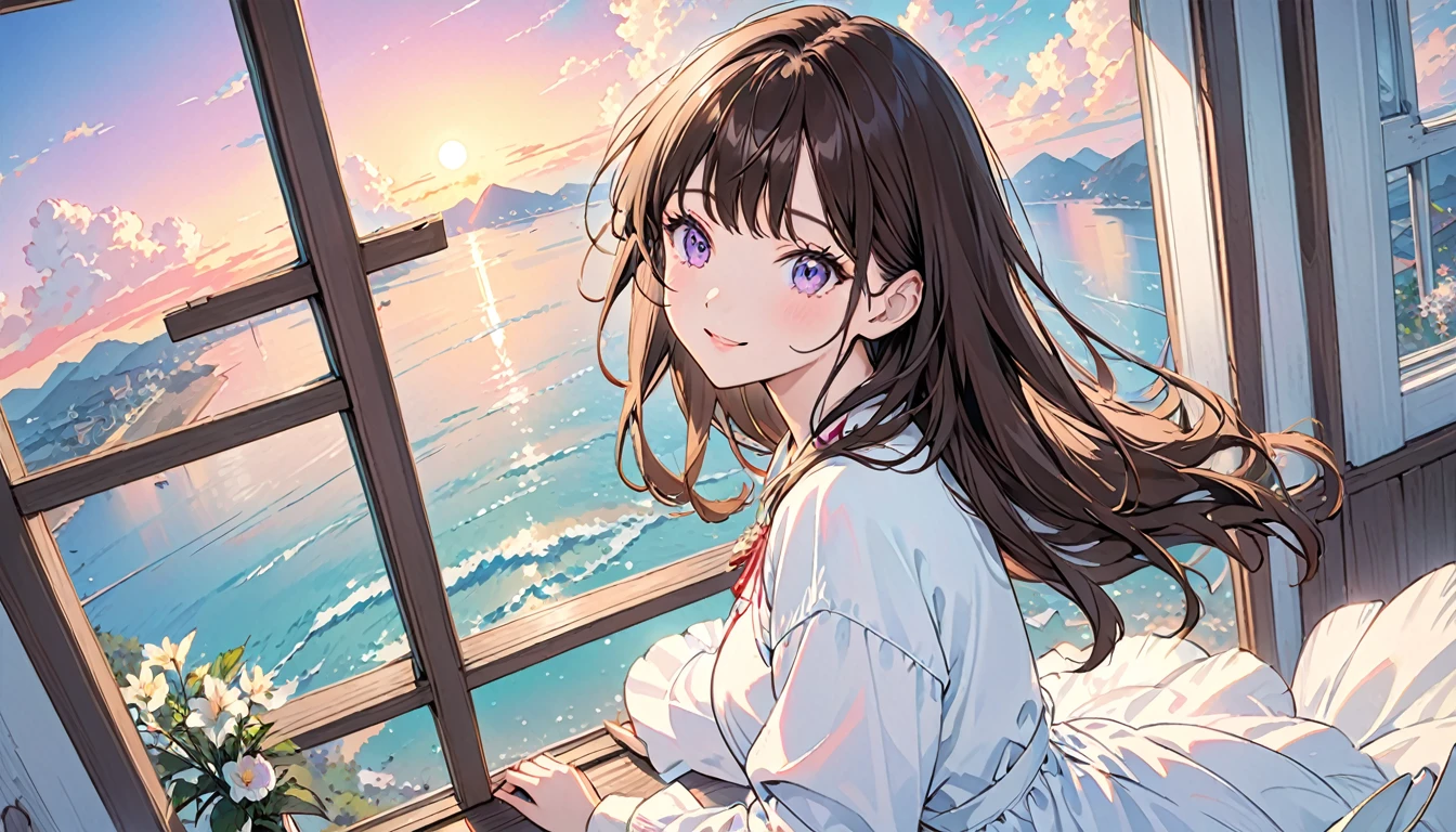 (masterpiece:1.5、Highest quality:1.5)、(((VaporWave Style、Partially colored))、Close-up、From above、Cinematic angle、(((vanilla)))、 1girl、solo、Cute Smile、(vanillaアイスクリームを持って)、Jewelry decoration、Brown Hair、long_hair、The doll is a mess、decadent life、 poles outside the window、Sunset outside the window、Sunset outside the window、