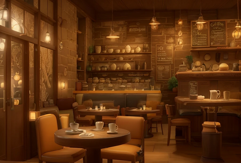 there is a table with a cup of coffee on it in a restaurant, cozy cafe background, detailed an empty jazz cafe, cafe interior, cozy atmosphere, detailed lighting and textures, fantasy bakery interior setting, cafe, coffee shop, pleasant cozy atmosphere, cafe lighting, cosy atmosphere, relaxing concept art, detailed textures and lighting, speakeasy bar background