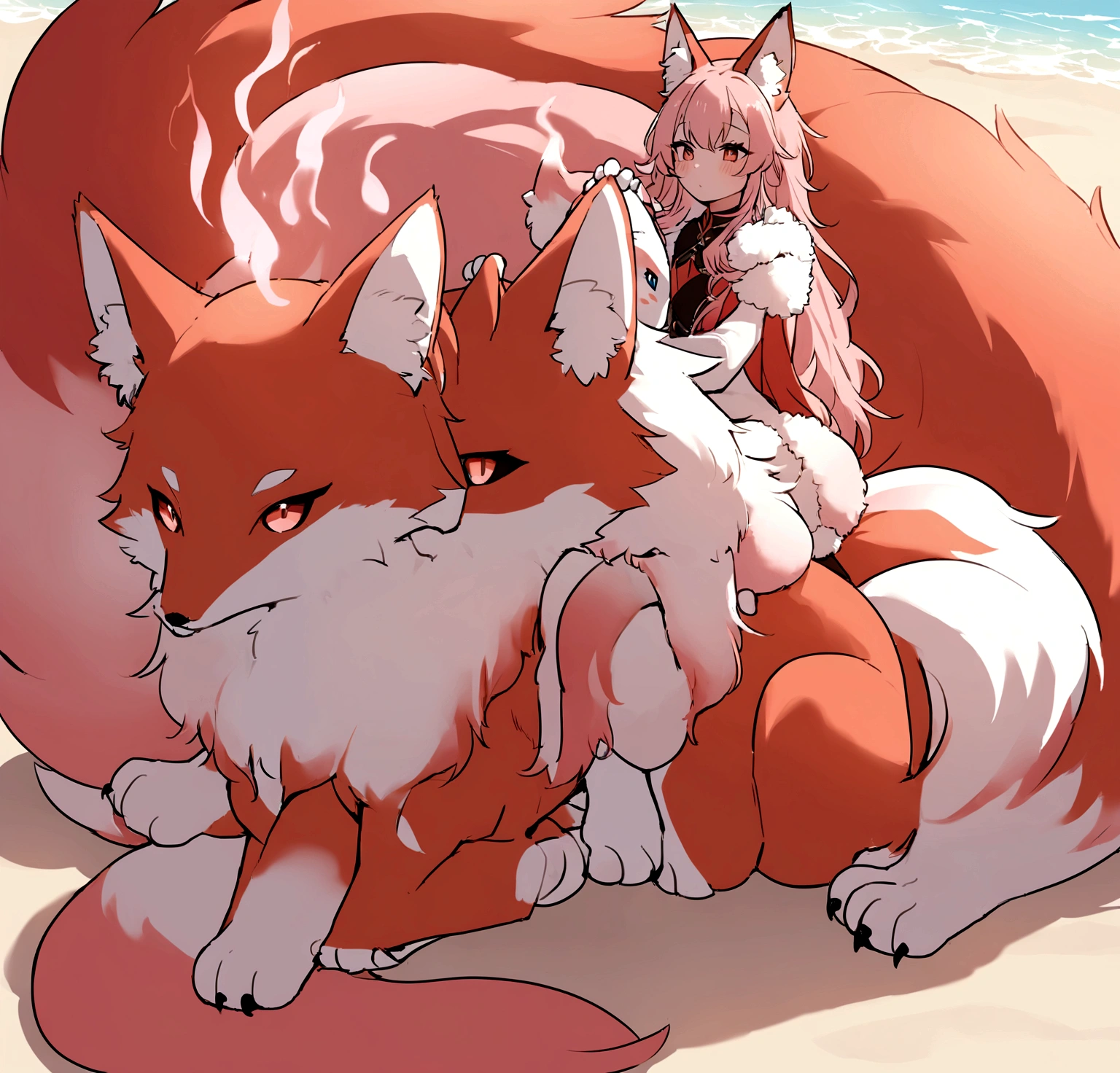 A large red fox, the tail has light pink tips. The tail is very fluffy and soft. The chest coat is light pink, as well as the tips of the paws. ao redor, a circle of small light pink flames. Ao fundo, a sunny beach. Next to her, a small fox just like the big one.