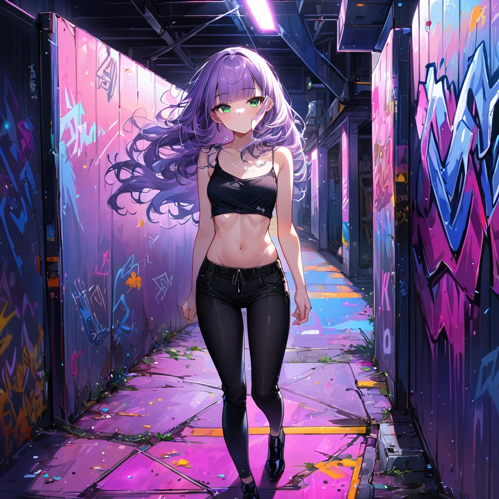 a masterpiece, beautiful eyes, a beautiful face, beautiful depiction, details, solid blue Skyscrapers background, ultra detailed, 8K, pale-purple hair, a dynamic angle, wavy hair blowing in the wind, blunt bangs hair, black and green eyes,small breast, A black tank top showing her slim belly, black drawstring pants, black ballet shoes, full body shot, A starry sky, a gentle smile, Graffiti art, dimly lit underpass, light coming from behind her, look at viewer,