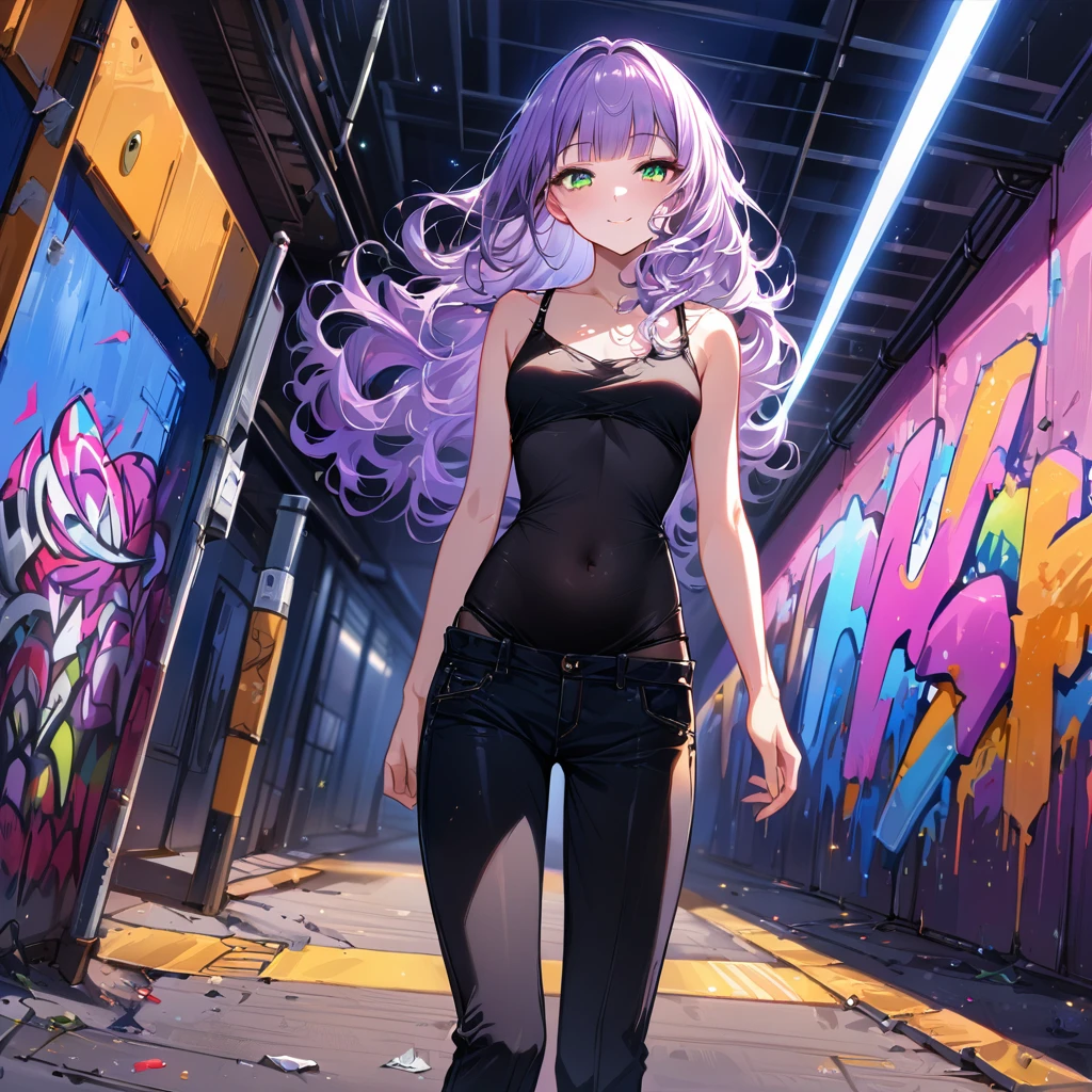 a masterpiece, beautiful eyes, a beautiful face, beautiful depiction, details, solid blue Skyscrapers background, ultra detailed, 8K, pale-purple hair, a dynamic angle, wavy hair blowing in the wind, blunt bangs hair, black and green eyes,small breast, A black tank top showing her slim belly, black drawstring pants, black ballet shoes, full body shot, A starry sky, a gentle smile, Graffiti art, dimly lit underpass, light coming from behind her, look at viewer, 