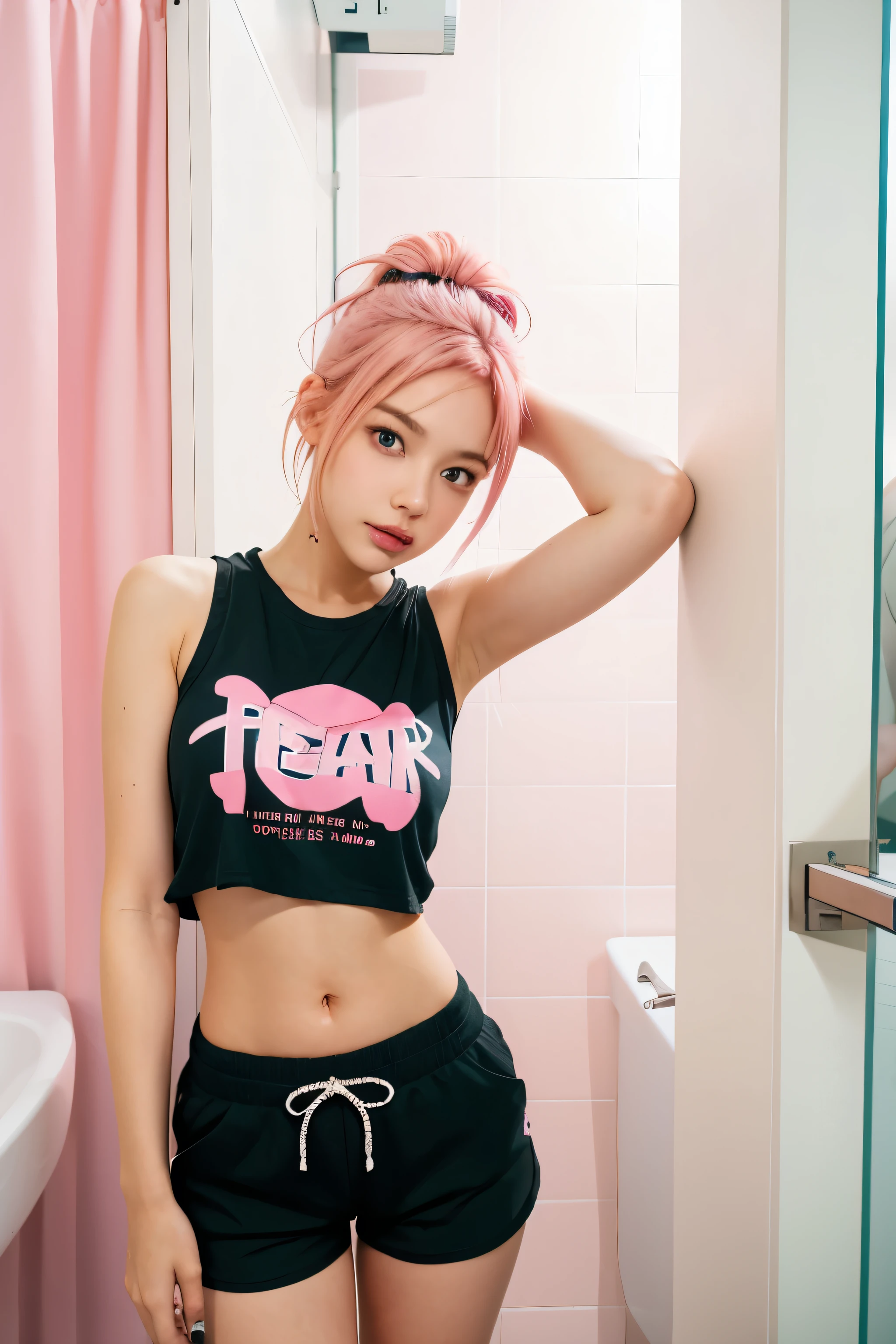 girl, pink hair, black top and shorts, in bathroom