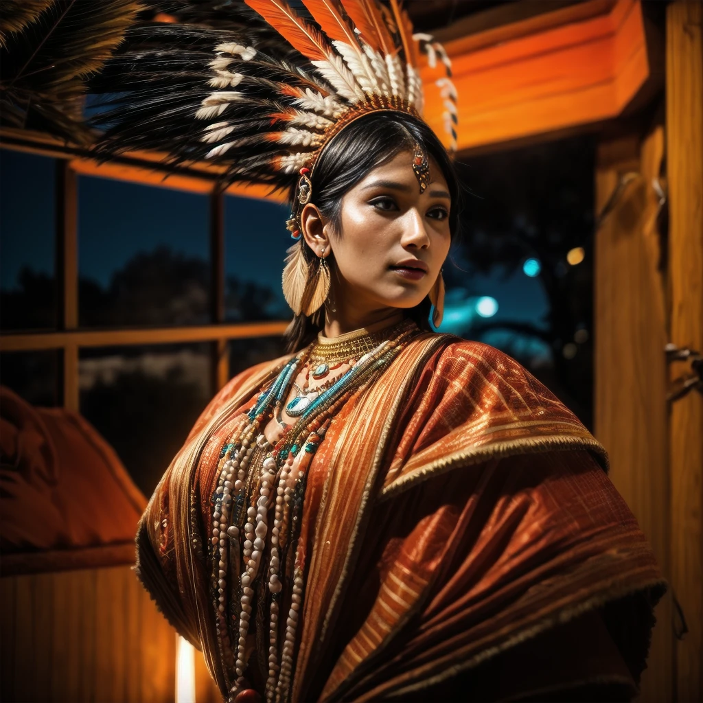 Beautiful Cherokee Indian woman with beautiful terracotta colored headdresses, blackw, doradas, cobre, Pearl, white and beige, feathers made of bright neon of various colors, flares on camera, bokeh, full moon night

