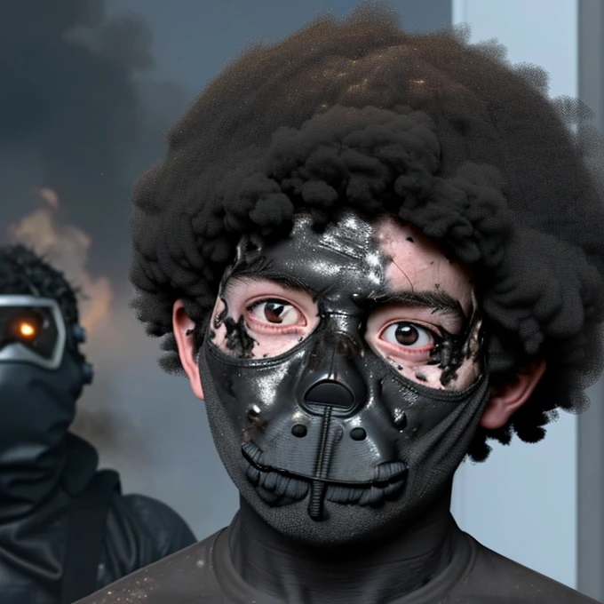 A boy covered in soot gets caught in an explosion on the show