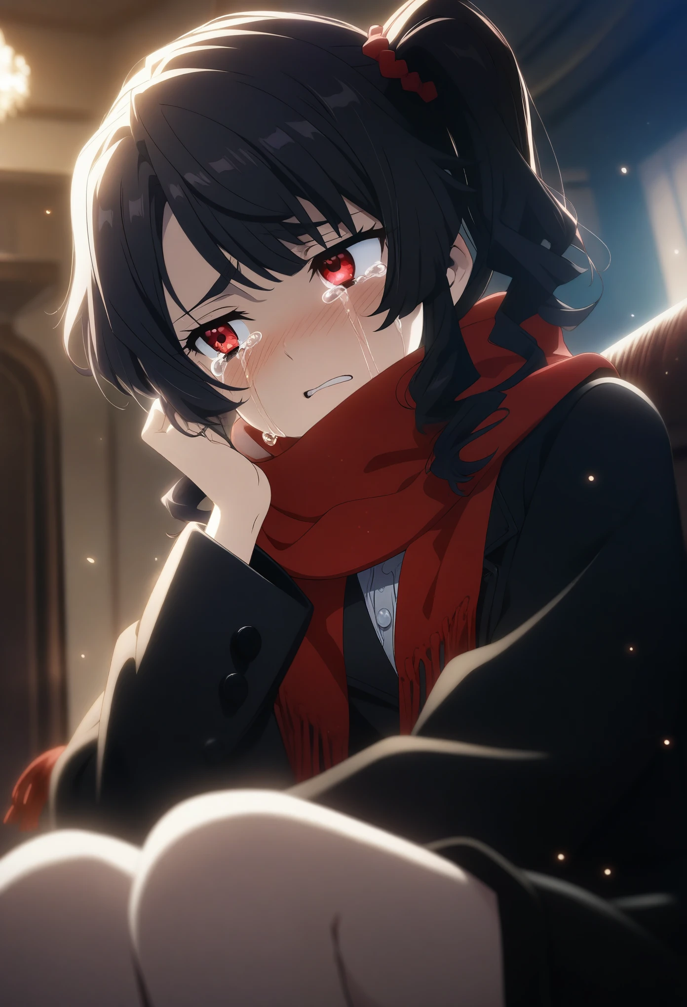1girl kirisawa juuzou, official art, sitting, crying, tears streaming, black coat, red scarf, black hair, side_ponytail, red eyes, (very aesthetic, best quality, ultra detailed), intricate details, highres, indoors, light particles, close-up, blurry background,, low angle, cinematic angle, cowboy shot, emotional, delicate features
