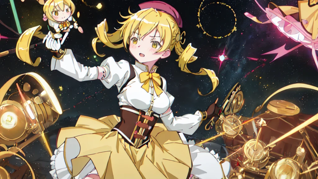 Highest quality, masterpiece, High resolution, alone, {-bar_Mami_Magical Girl Magi Madokesu:1.15}, blonde_hair, Drill_hair, twin_Drills, twintails, hair_ornament, yellow_eye, Magic_girl, 1girl, beret, blush, chest, corset, Have, Puffy_sleeve, independent_sleeve