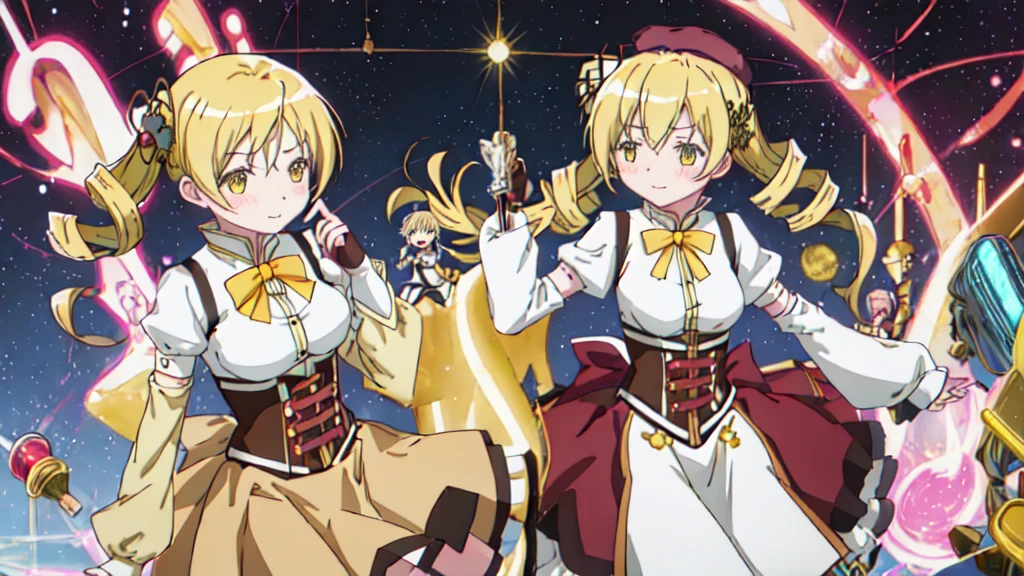 Highest quality, masterpiece, High resolution, alone, {-bar_Mami_Magical Girl Magi Madokesu:1.15}, blonde_hair, Drill_hair, twin_Drills, twintails, hair_ornament, yellow_eye, Magic_girl, 1girl, beret, blush, chest, corset, Have, Puffy_sleeve, independent_sleeve