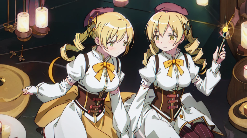 Highest quality, masterpiece, High resolution, alone, {-bar_Mami_Magical Girl Magi Madokesu:1.15}, blonde_hair, Drill_hair, twin_Drills, twintails, hair_ornament, yellow_eye, Magic_girl, 1girl, beret, blush, chest, corset, Have, Puffy_sleeve, independent_sleeve