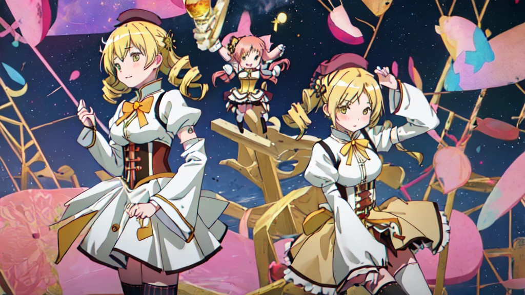 Highest quality, masterpiece, High resolution, alone, {-bar_Mami_Magical Girl Magi Madokesu:1.15}, blonde_hair, Drill_hair, twin_Drills, twintails, hair_ornament, yellow_eye, Magic_girl, 1girl, beret, blush, chest, corset, Have, Puffy_sleeve, independent_sleeve