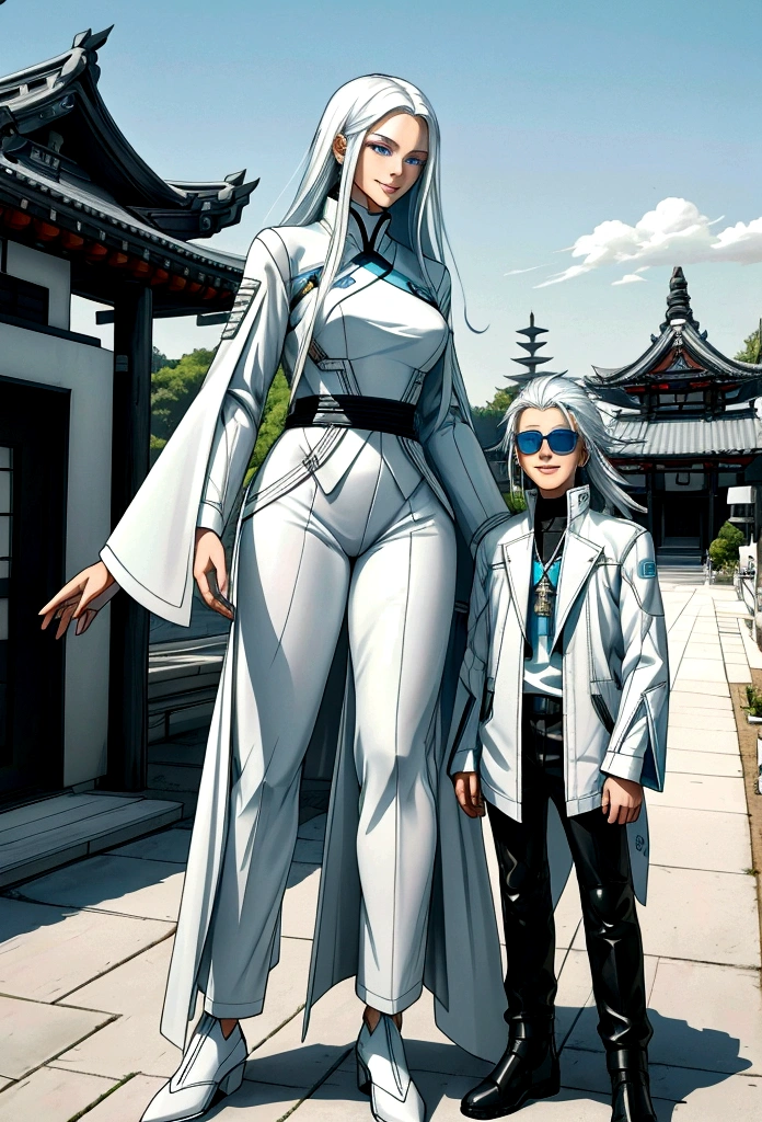 generates an adult woman with long black hair and light blue eyes, futuristic white clothes wearing a leather jacket, a loving smile with an aura of tranquility, next to her tall teenage son with messy white hair and sunglasses, a happy mother with her son, a modern Japanese temple. landscape