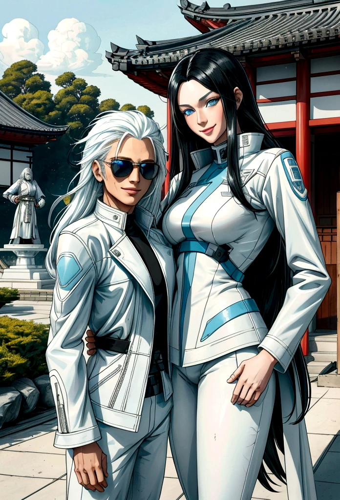 generates an adult woman with long black hair and light blue eyes, futuristic white clothes wearing a leather jacket, a loving smile with an aura of tranquility, next to her tall teenage son with messy white hair and sunglasses, a happy mother with her son, a modern Japanese temple. landscape