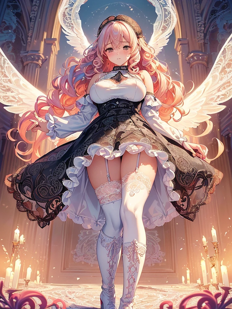 ((Highest quality)),(Ultra-high resolution),(Very detailed),(Detailed Description),((The best CG)),(A masterpiece),Ultra-detailed art,Amazing painting art,(Works with precise details:1.5), (1 female:1.6),(Beautiful and well-proportioned face:1.5),(Curly Hair:1.6),(Intricately detailed lace dress:1.8),Fine jewellery with exquisite detailing:1.5,Waist Accessories:1.5,Look at me and smile:1.5, (See-through nipples:1.1),, Angel Girl, (((Magnificent white angel wings on his back:1.2))), Mature Woman,Descended into the church,(Pastel colored hair:1.3),(Red and black long high heel boots:1.4),garter belt,stockings、 (Floating in the sky with magical powers:1.1),(Floating skirt:1.5), (Embarrassed expression, blush:1.2),(anklet),(heart choker)