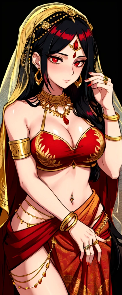 full display of temple jewelry, a pair of earrings, necklace, bangles, navel piercing, ring, maang tikka highly detailed vray render, flash, high quality, 18k, black hair, long hair, multicolored dress, hair ornament, golden embroidery, ancient indian, midriff peek, waist jewelry, (nose pin), armlet with golden chains, (close-up), golden shawl with intricate leaf embroidery, embroidered dress, (kamarband:1.1), veil over eyes,RED HAIR,RED EYES