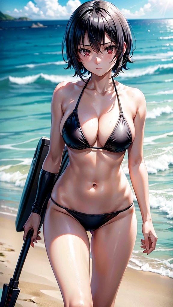  young woman, black short hair, white skin, black eyes, white bikini, quiet, sad eyes. Beach, walking,, sun day, beautiful. Anime sexy. Kurome Akame ga kill 