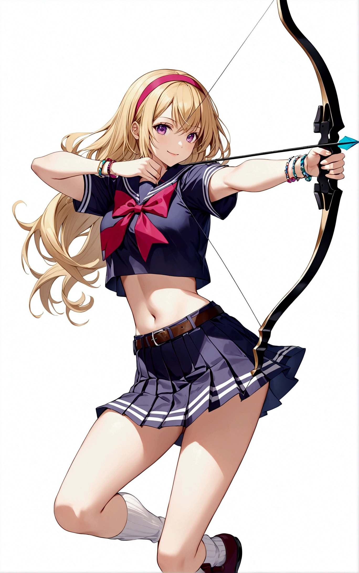 1girl, solo, long hair, breasts, smile, skirt, blonde hair, simple background, white background, bow, navel, holding, school uniform, purple eyes, full body, weapon, short sleeves, pleated skirt, hairband, shoes, socks, midriff, belt, miniskirt, bowtie, sailor collar, stomach, holding weapon, bracelet, crop top, outstretched arm, white socks, bow \(weapon\), arrow \(projectile\), loose socks, holding bow \(weapon\), aiming, holding arrow, drawing bow