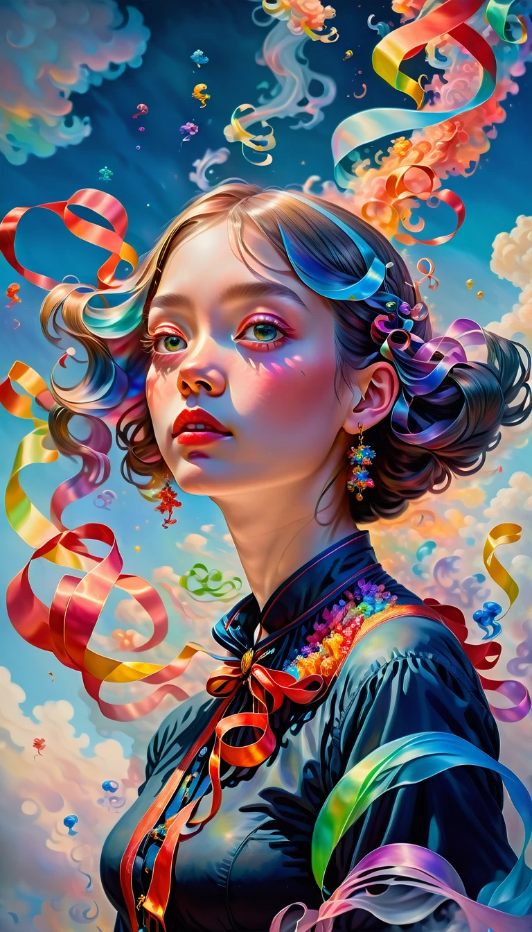 _james jean, floating female figure made of ribbons, smoke, in the sky, colorful and vibrant, mystical colors, contemporary impressionism, yanjun cheng portrait painting, iridescent painting, 3/4 perspective view, cute face, low angle, sweeping circling composition, large beautiful crystal eyes, big irises, UHD, HDR, 8K, (Masterpiece:1. 5), (the most beautiful portrait in the world:1.5)