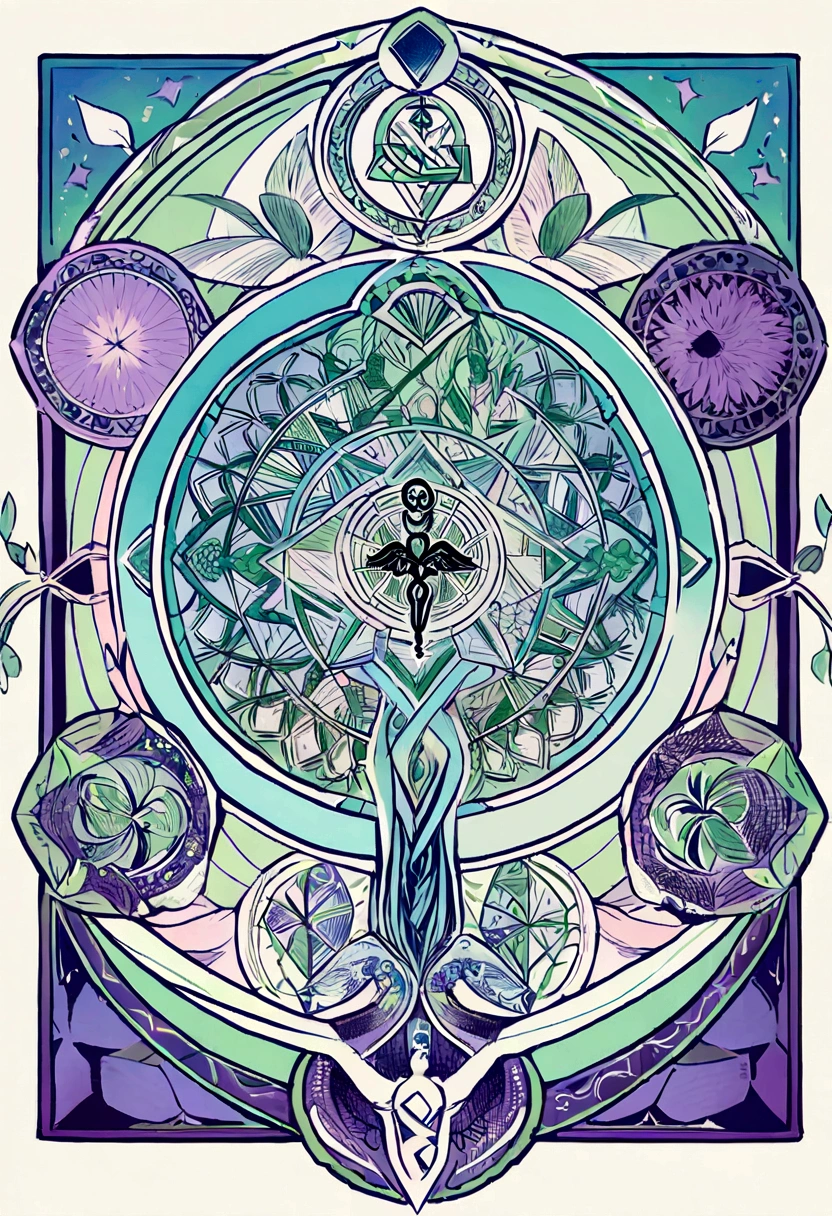 Tattoo style, arm tattoo mandala tattoo incorporating various healing symbols like the caduceus, the Om sign, and hearts. The mandala should have intricate, symmetrical patterns, with each quadrant representing different aspects of healing and balance. Use fine line work and a harmonious color palette of blues, greens, and purples.