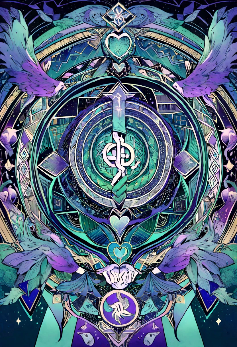 Tattoo style, arm tattoo mandala tattoo incorporating various healing symbols like the caduceus, the Om sign, and hearts. The mandala should have intricate, symmetrical patterns, with each quadrant representing different aspects of healing and balance. Use fine line work and a harmonious color palette of blues, greens, and purples.