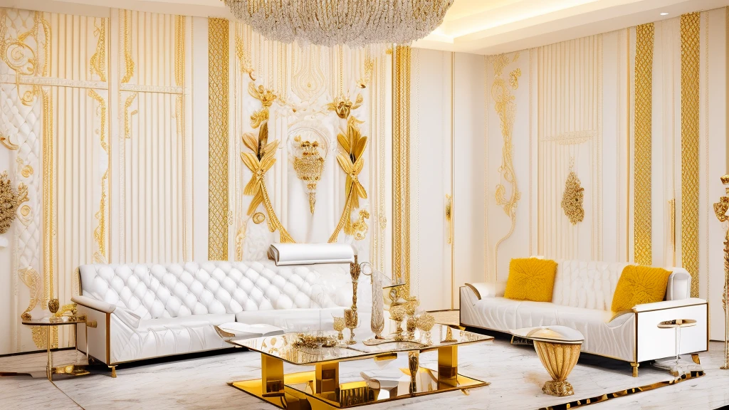 Experience the epitome of luxury and elegance in this interior image. The two white leather sofas are the centerpiece, surrounded by two tables - one with a polished wooden top and the other with a gleaming white marble top. The walls are adorned with elegant curtains, and the room is bathed in a warm yellow light, creating a cozy and inviting atmosphere.