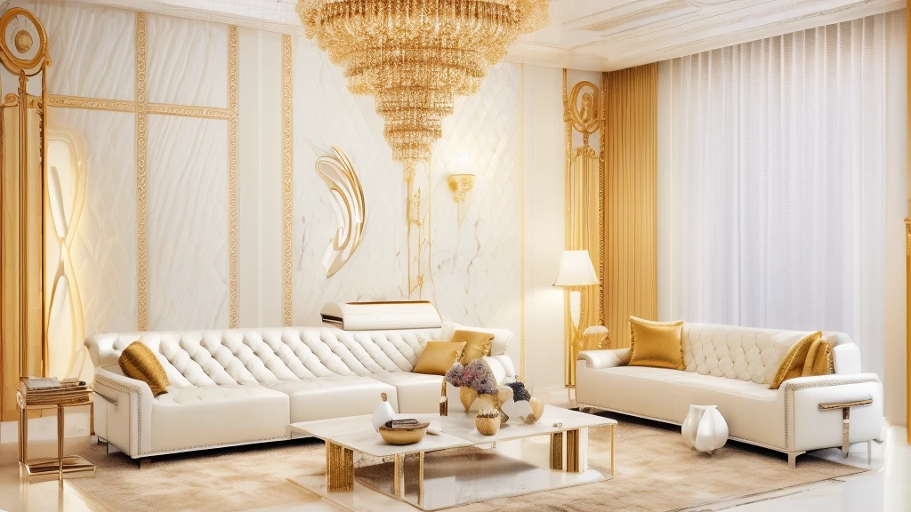 Experience the epitome of luxury and elegance in this interior image. The two white leather sofas are the centerpiece, surrounded by two tables - one with a polished wooden top and the other with a gleaming white marble top. The walls are adorned with elegant curtains, and the room is bathed in a warm yellow light, creating a cozy and inviting atmosphere.