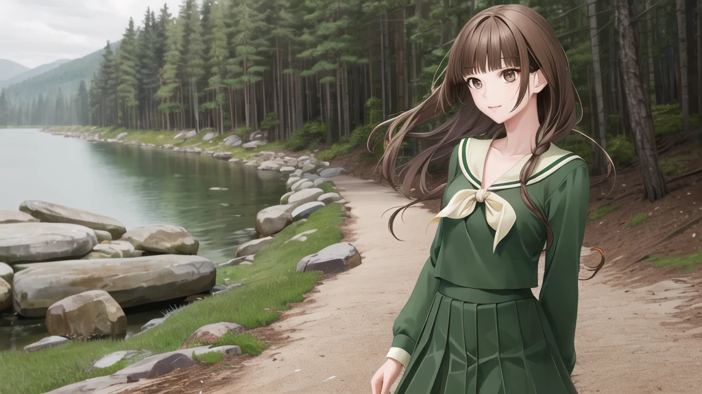 masterpiece, Highest quality, High resolution, aayoshino, , Slender, Long Hair, Twin Blade, Brown eyes, Hair that falls over the shoulders, , Sailor collar, neckerchief, Green Shirt, One piece sailor shirt, Long sleeve, Green Skirt, Long skirt, Are standing, Cowboy Shot, Outdoor, Person on the right, radiant face