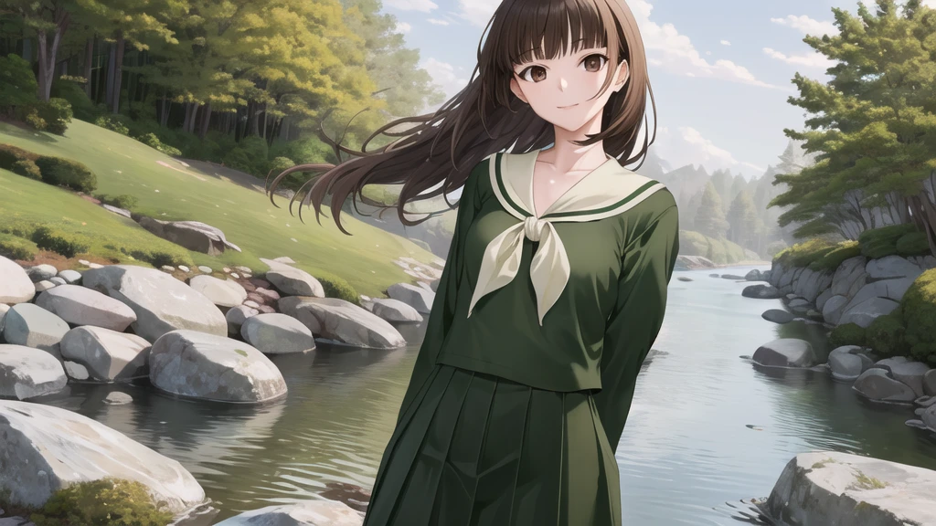 masterpiece, Highest quality, High resolution, aayoshino, , Slender, Long Hair, Twin Blade, Brown eyes, Hair that falls over the shoulders, , Sailor collar, neckerchief, Green Shirt, One piece sailor shirt, Long sleeve, Green Skirt, Long skirt, Are standing, Cowboy Shot, Outdoor, Person on the right, radiant face