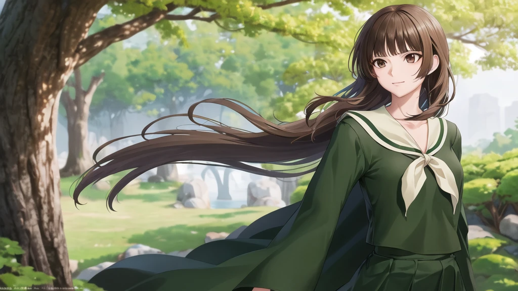 masterpiece, Highest quality, High resolution, aayoshino, , Slender, Long Hair, Twin Blade, Brown eyes, Hair that falls over the shoulders, , Sailor collar, neckerchief, Green Shirt, One piece sailor shirt, Long sleeve, Green Skirt, Long skirt, Are standing, Cowboy Shot, Outdoor, Person on the right, radiant face