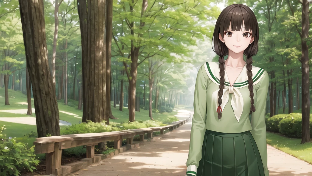 masterpiece, Highest quality, High resolution, aayoshino, , Slender, Long Hair, Twin Blade, Brown eyes, Hair that falls over the shoulders, , Sailor collar, neckerchief, Green Shirt, One piece sailor shirt, Long sleeve, Green Skirt, Long skirt, Are standing, Cowboy Shot, Outdoor, Person on the right, radiant face