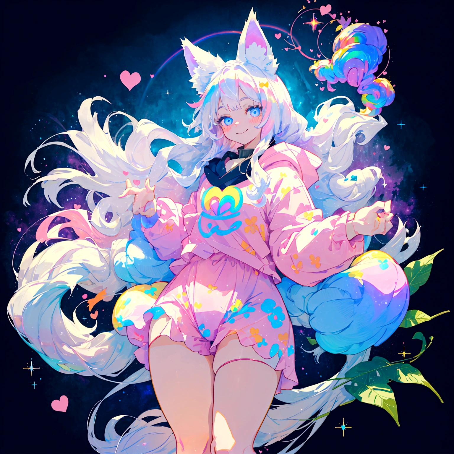 a cute adult male with wolf ears, long white hair, long locks, has a wolf tail, thick thighs, wide hips, short, wearing pink romper with a hood and pink shorts, has heart on chest, has bunny ears on hood, very slim, showing slender tummy, squishy thighs, has glowing blue eyes. alone, solo (ALONE)(SOLO), surrounded by rainbows, colorful galaxy backround, smiling, ontop of a pile of fluffy plushes, plushies everywhere, kawaii plushies, surrounded by bubbles, surrounded by rainbow leaves, standing up dancing, thicc thighs