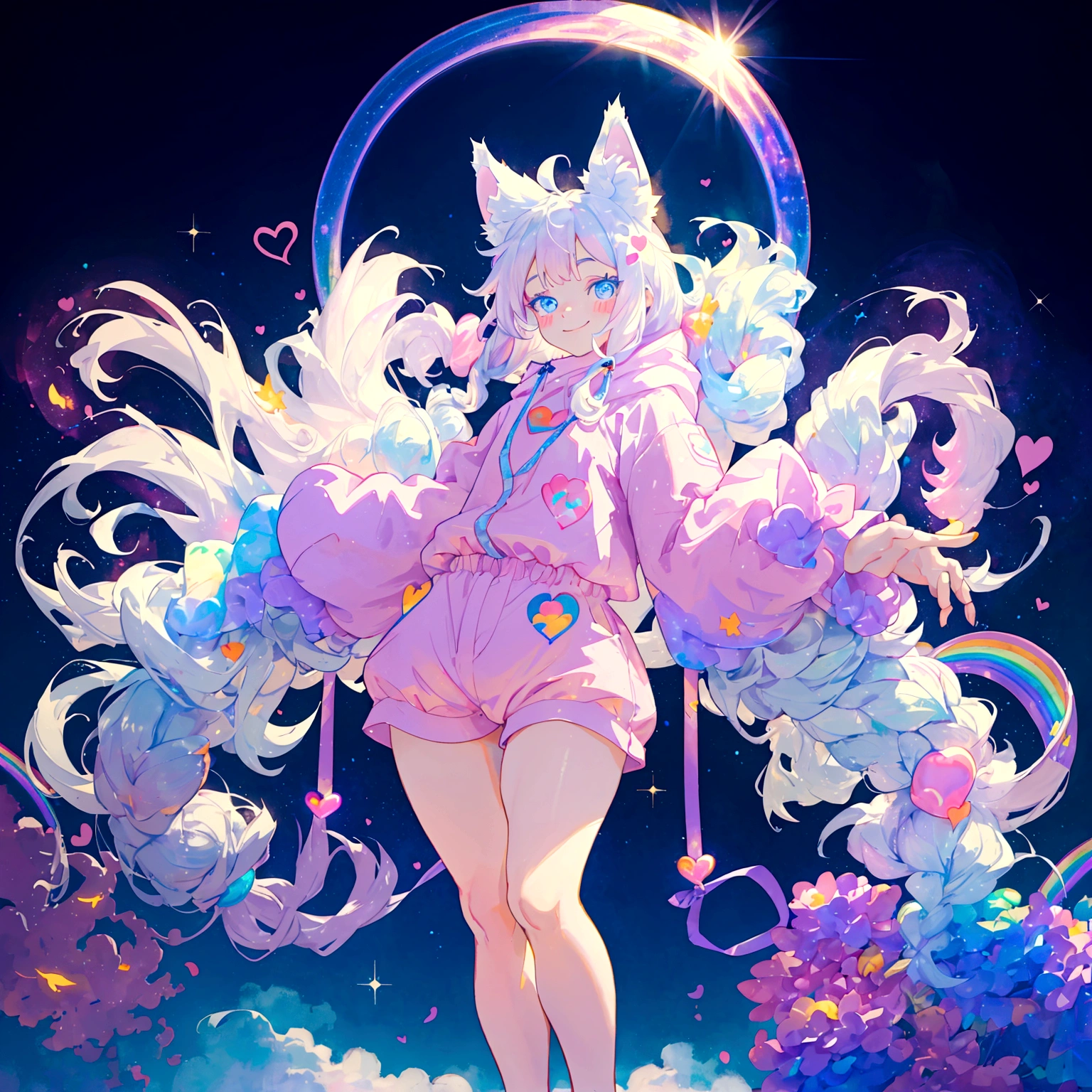 a cute adult male with wolf ears, long white hair, long locks, has a wolf tail, thick thighs, wide hips, short, wearing pink romper with a hood and pink shorts, has heart on chest, has bunny ears on hood, very slim, showing slender tummy, squishy thighs, has glowing blue eyes. alone, solo (ALONE)(SOLO), surrounded by rainbows, colorful galaxy backround, smiling, ontop of a pile of fluffy plushes, plushies everywhere, kawaii plushies, surrounded by bubbles, surrounded by rainbow leaves, standing up dancing, thicc thighs