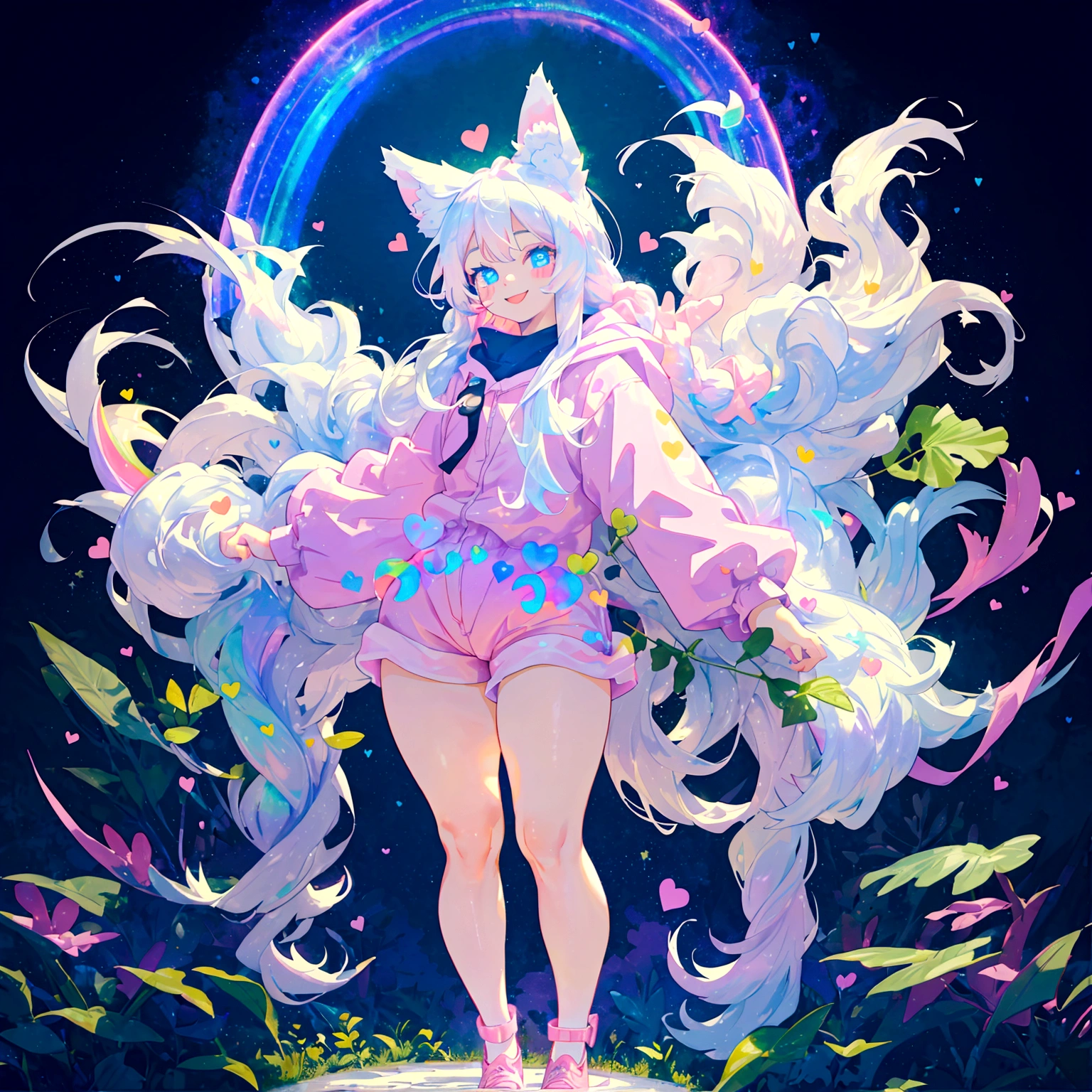 a cute adult male with wolf ears, long white hair, long locks, has a wolf tail, thick thighs, wide hips, short, wearing pink romper with a hood and pink shorts, has heart on chest, has bunny ears on hood, very slim, showing slender tummy, squishy thighs, has glowing blue eyes. alone, solo (ALONE)(SOLO), surrounded by rainbows, colorful galaxy backround, smiling, ontop of a pile of fluffy plushes, plushies everywhere, kawaii plushies, surrounded by bubbles, surrounded by rainbow leaves, standing up dancing, thicc thighs