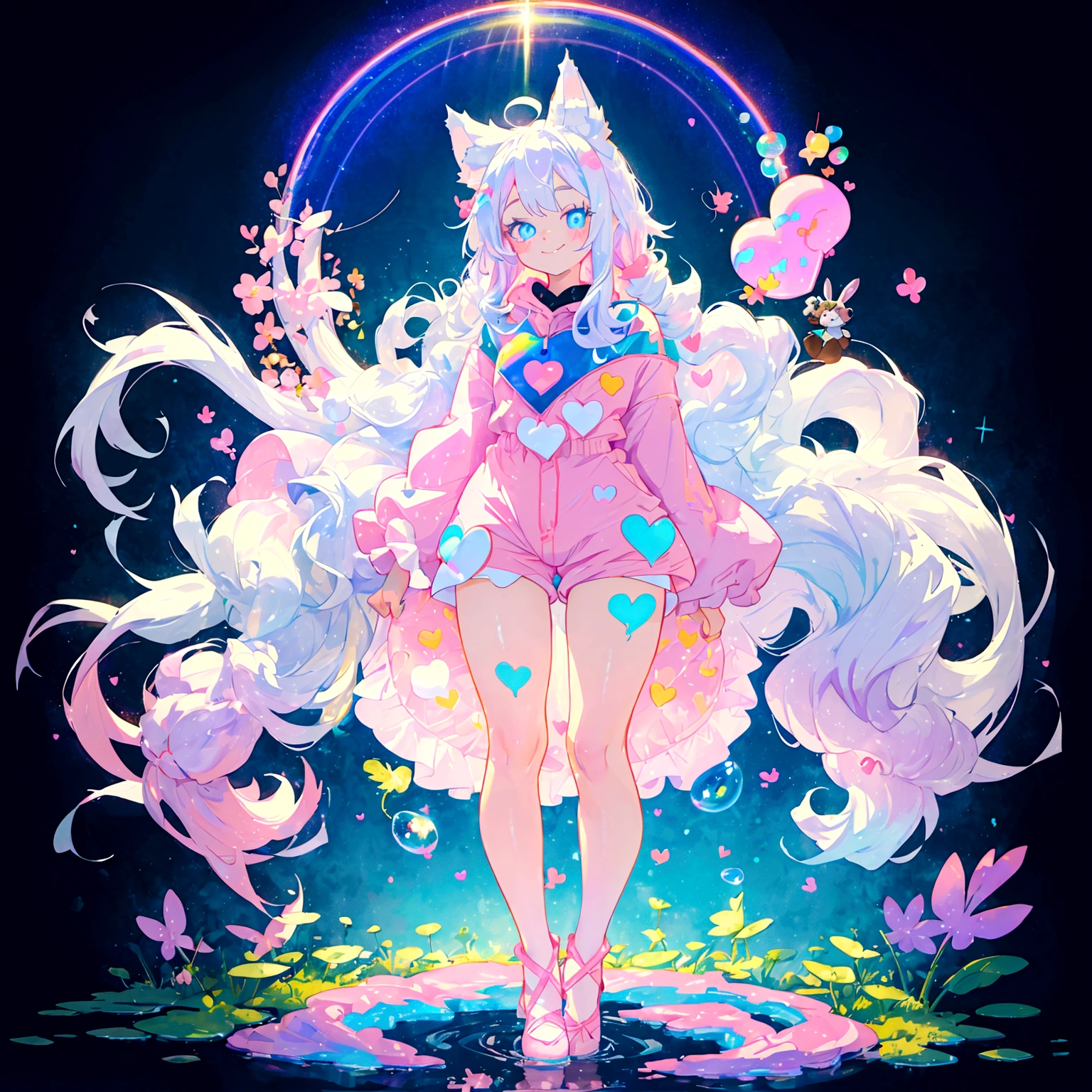 a cute adult male with wolf ears, long white hair, long locks, has a wolf tail, thick thighs, wide hips, short, wearing pink romper with a hood and pink shorts, has heart on chest, has bunny ears on hood, very slim, showing slender tummy, squishy thighs, has glowing blue eyes. alone, solo (ALONE)(SOLO), surrounded by rainbows, colorful galaxy backround, smiling, ontop of a pile of fluffy plushes, plushies everywhere, kawaii plushies, surrounded by bubbles, surrounded by rainbow leaves, standing up dancing, thicc thighs