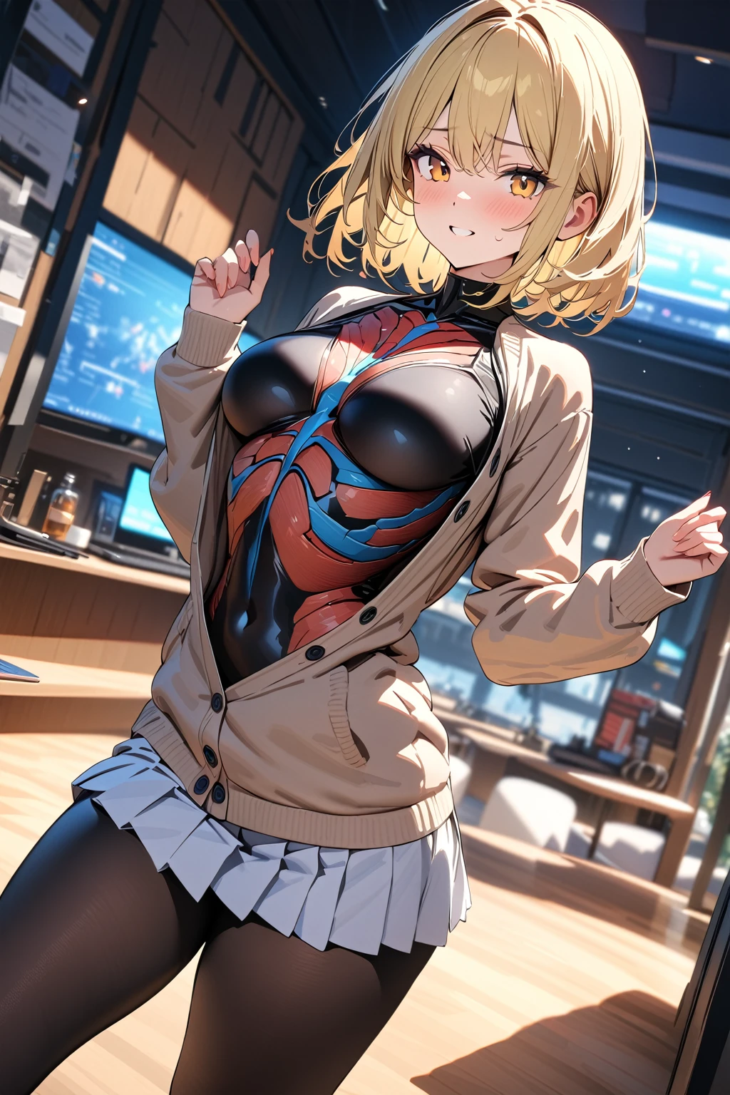 (masterpiece, best quality:1.5), (ultra detailed, high resolution, 8k, beautiful detailed, UHD, best anatomy), blonde hair, medium breasts, 1 cute girl, cardigan, short skirt, Leggings, Looks like fun