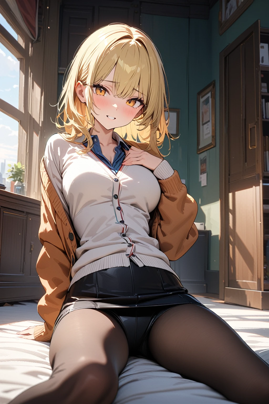 (masterpiece, best quality:1.5), (ultra detailed, high resolution, 8k, beautiful detailed, UHD, best anatomy), blonde hair, medium breasts, 1 cute girl, cardigan, short skirt, Leggings, Looks like fun