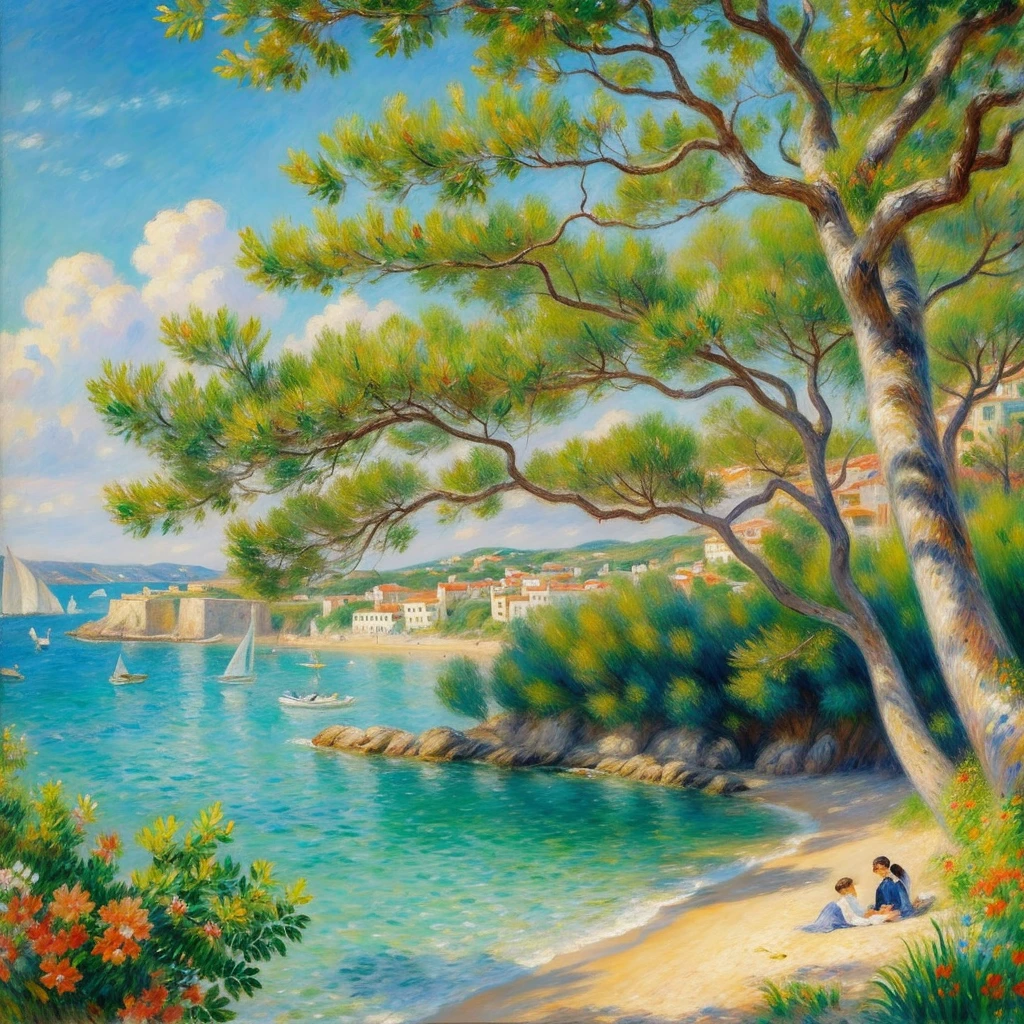 A painting in the style of Pierre-Auguste Renoir, capturing the Mediterranean coast of southern France. The scene features a sunlit beach with gentle waves, a clear blue sky, and lush greenery. People are enjoying a leisurely day, with women and girls in light, flowing dresses, playing and relaxing by the shore. The painting exhibits Renoir's signature bright and serene atmosphere, with soft brushstrokes and vibrant colors, reflecting the strong light and rich nature of the Mediterranean landscape. With a touch of oil painting。