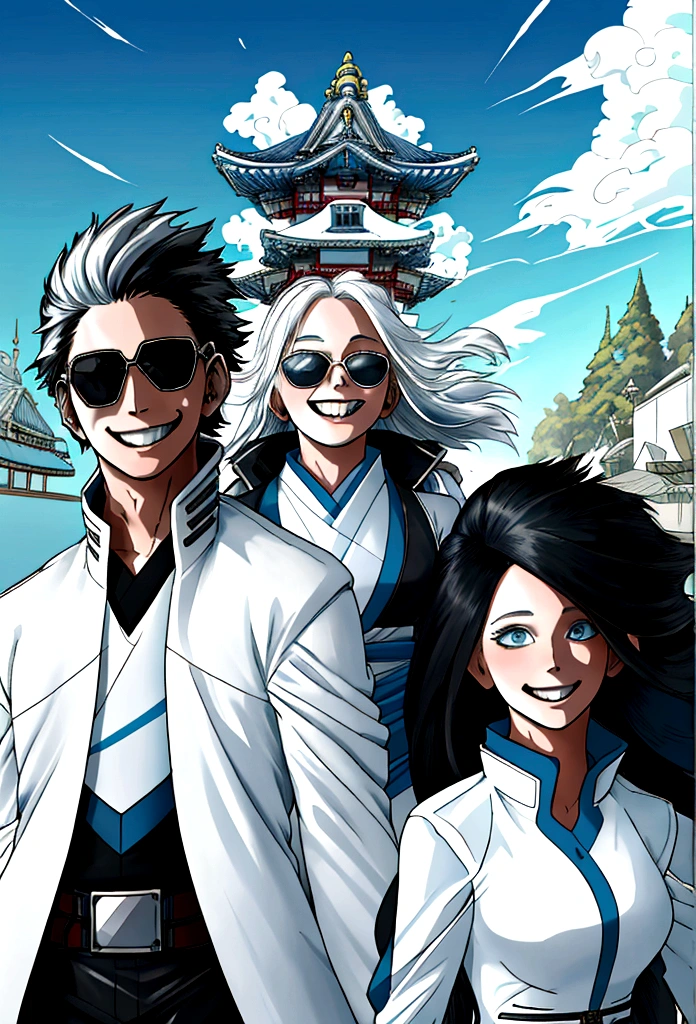 generates an adult woman with long black hair and light blue eyes, futuristic white clothes wearing a leather jacket, a loving smile with an aura of tranquility, next to her tall age son with messy white hair and sunglasses, a happy mother with her son, a modern Japanese temple. landscape