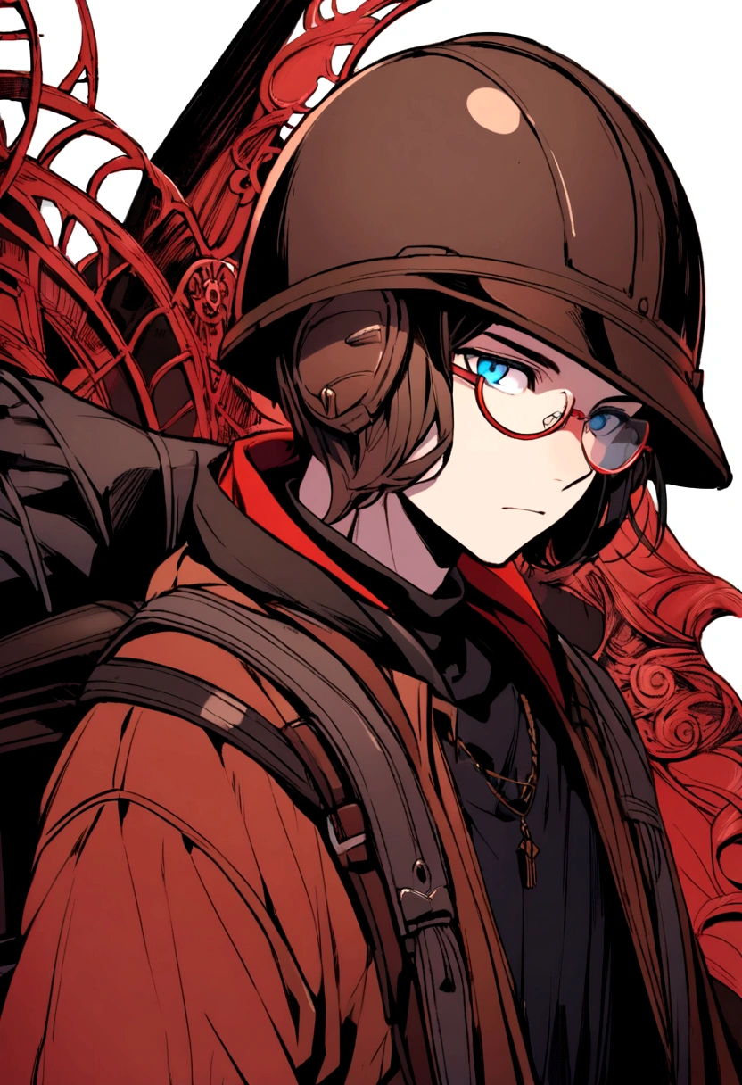 The boy wore a brown helmet with red rim, blue eyes, black-rimmed glasses, a black tank top, a red long-sleeved shirt, and a black backpack.
