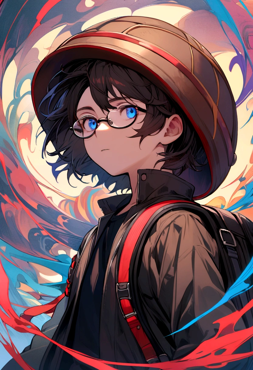 The boy wore a brown helmet with red rim, blue eyes, black-rimmed glasses, a black tank top, a red long-sleeved shirt, and a black backpack.