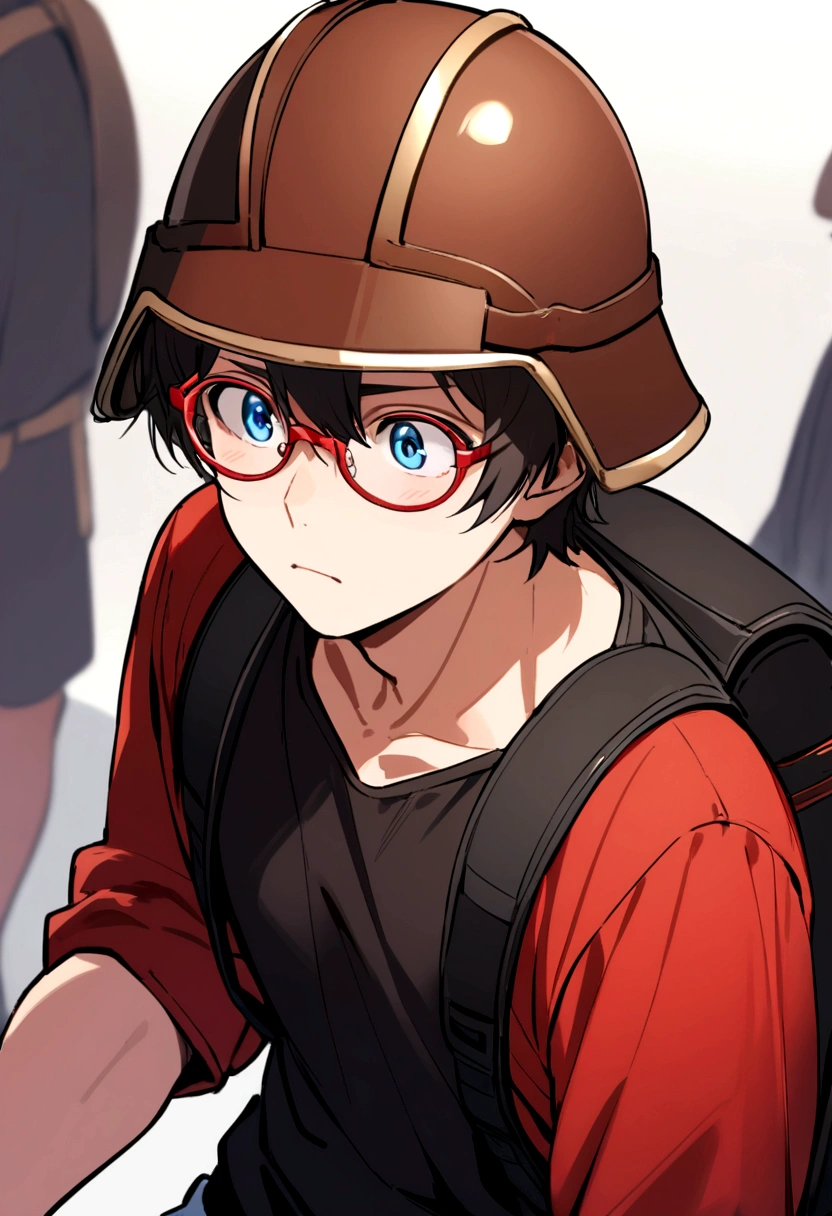The boy wore a brown helmet with red rim, blue eyes, black-rimmed glasses, a black tank top, a red long-sleeved shirt, and a black backpack.