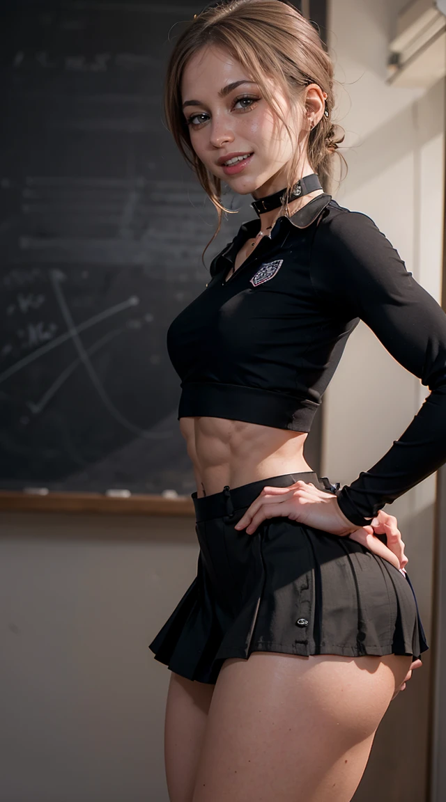(Muscular:2), (thick thighs, wide hips:2.2), (striations), (sculpted muscles:1.7), (athletic body:1.5), (muscular body:2),
(woman), adult, short hair, blunt bangs,
(big smile:1.7), detailed eyes, clean skin, low key (DETAILED SKIN),
(hard nipples:1.1), (small perky breasts:1.4), (round ass),
eyeshadow, lipstick, glasses
(school uniform, skirt, choker, midriff:1.8),
(upper body view:1.3), side view, (looking at viewer),
rim lighting, two tone lighting, dimly lit