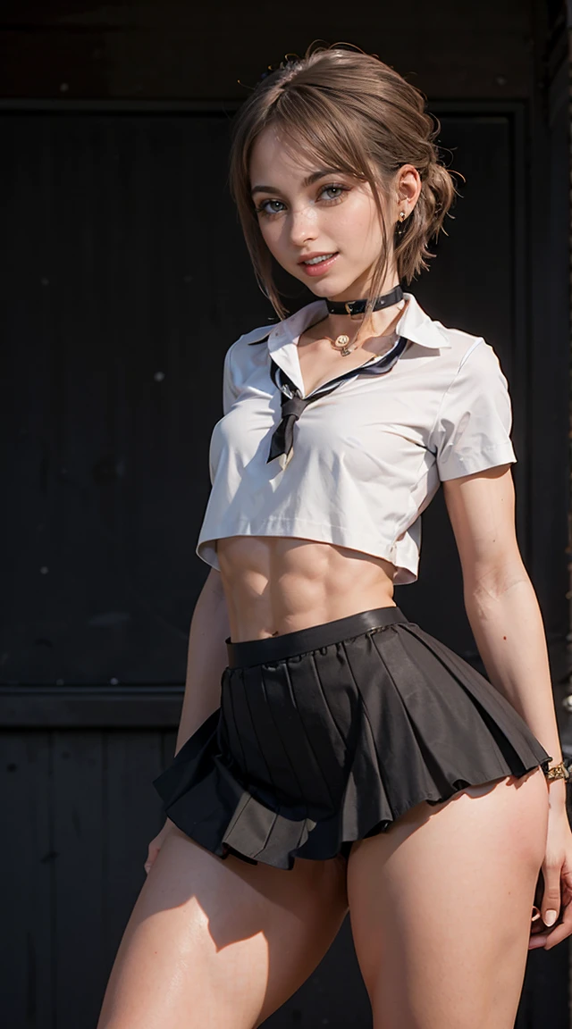 (Muscular:2), (thick thighs, wide hips:2.2), (striations), (sculpted muscles:1.7), (athletic body:1.5), (muscular body:2),
(woman), adult, short hair, blunt bangs,
(big smile:1.7), detailed eyes, clean skin, low key (DETAILED SKIN),
(hard nipples:1.1), (small perky breasts:1.4), (round ass),
eyeshadow, lipstick, glasses
(school uniform, skirt, choker, midriff:1.8),
(upper body view:1.3), side view, (looking at viewer),
rim lighting, two tone lighting, dimly lit