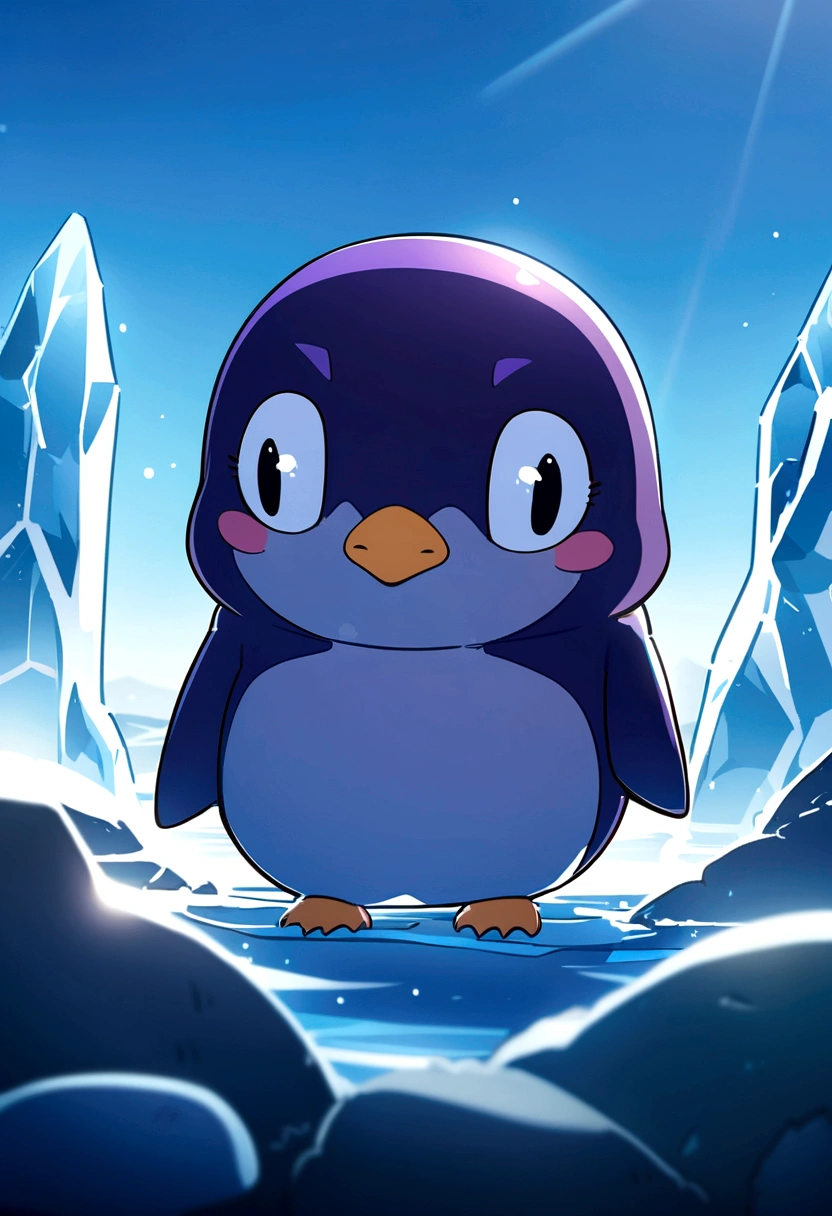 Cute animals, Adorable animals, Detailed hairy, Stand on two legs, Purple Penguin, a bit, No humans, Furry, Run、Face close-up, Ice Coast, blue sky, Soft lighting, Shallow depth of field, Digital Illustration, 8K, Deformed, Little, anime, animeスタイル