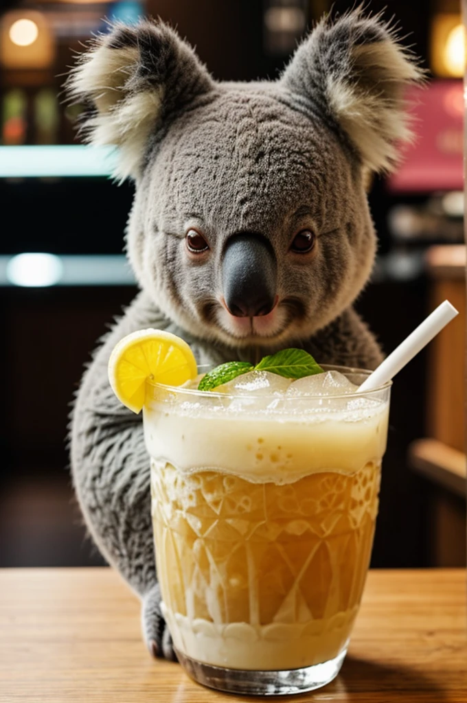 A koala in a glass of bubble tea,embracing the sorbet and with a bad topic