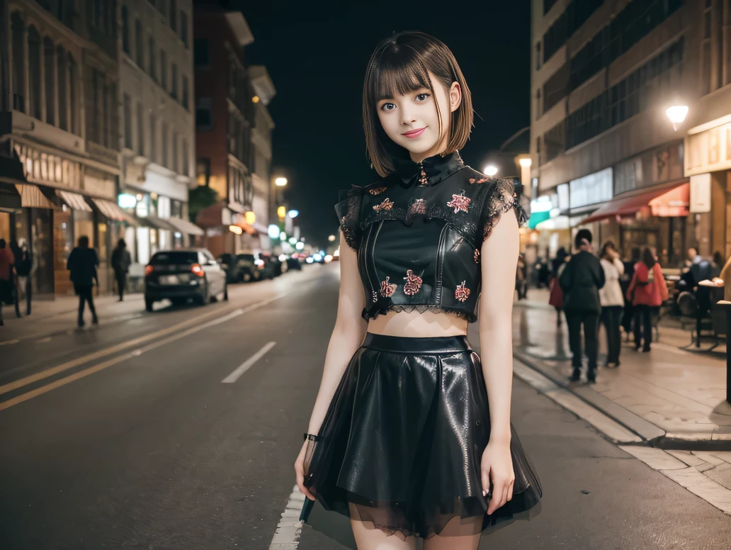 (8K, RAW Photos:1.2), Detailed face and eyes,最high quality, Ultra-high resolution, Very detailed ,Intricate details ,Tabletop ,pretty girl ,Round eyes、 Soft cinematic light, Hyper Detail,Sharp focus, high quality, Brown Hair,((Bobcut))、(Straight bangs)、City of night、Night view、 ((Black Crop Top))、((Black tulle skirt))、”dwarf”、(Full Body Shot)、Waist、 can see your thighs)、Cowboy Shot、Smile、Floral clothes、