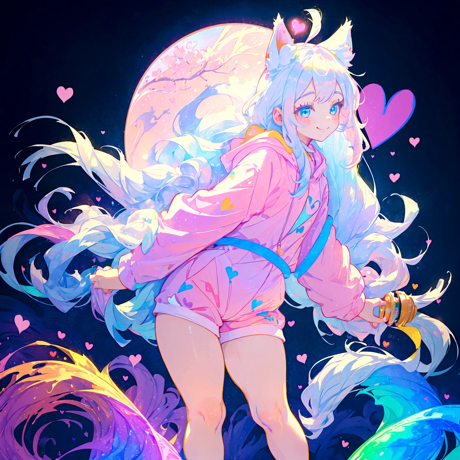 a cute adult male with wolf ears, long white hair, long locks, has a wolf tail, thick thighs, wide hips, short, wearing pink romper with a hood and pink shorts, has heart on chest, has bunny ears on hood, very slim, showing slender tummy, squishy thighs, has glowing blue eyes. alone, solo (ALONE)(SOLO), surrounded by rainbows, colorful galaxy backround, smiling, ontop of a pile of fluffy plushes, plushies everywhere, kawaii plushies, surrounded by bubbles, surrounded by rainbow leaves, standing up dancing, thicc thighs